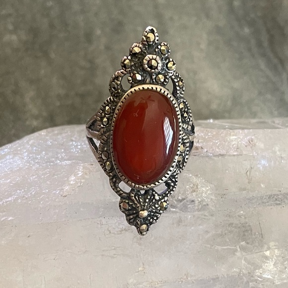 Estate Jewelry - SOLD Carnelian Marcasite Sterling Ring 5.5